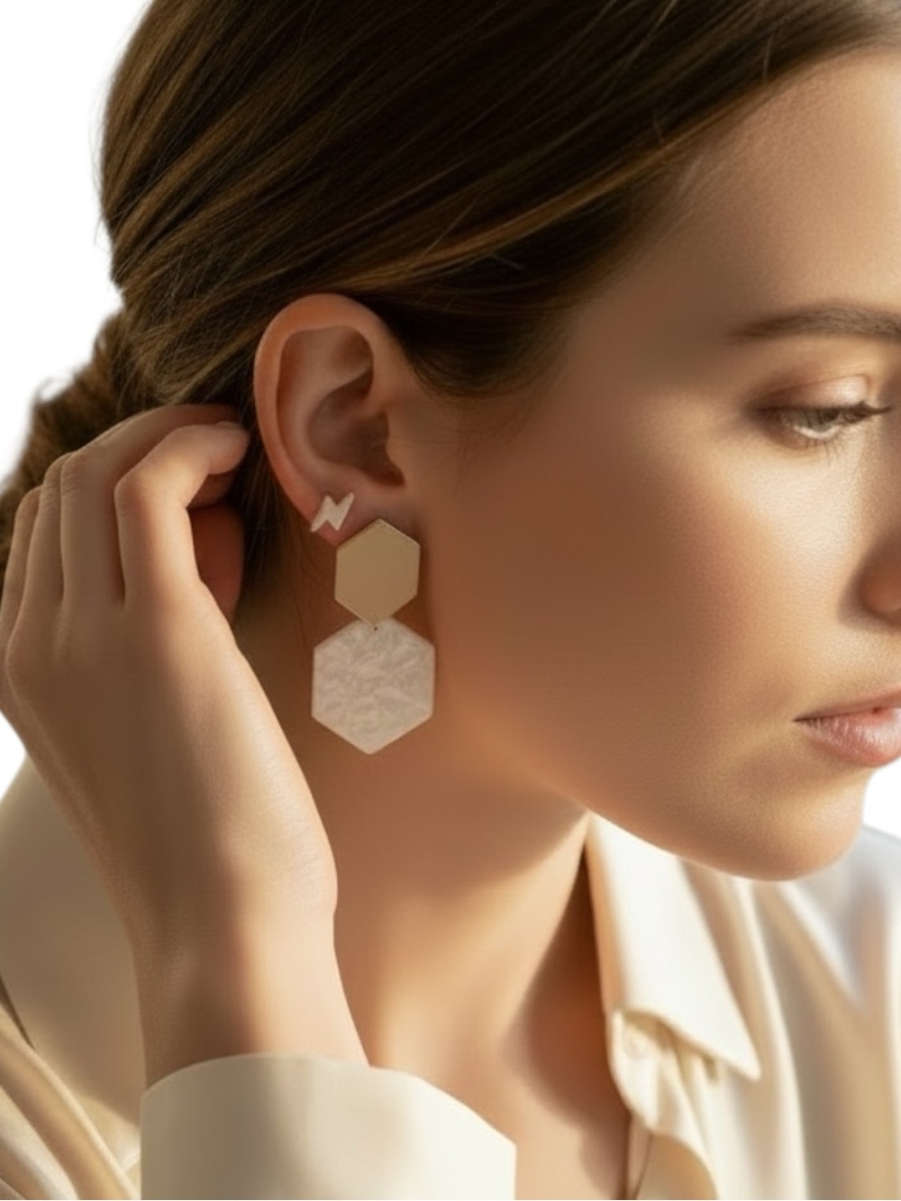 Gold and Pearl Hexagon Drop Earrings - Women Jewelry